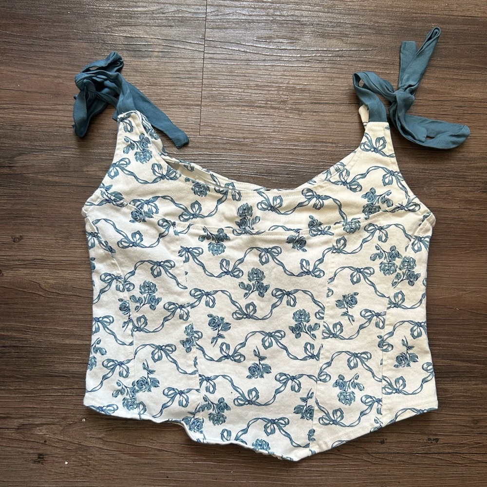 Motel Blue and Cream Floral Corset top